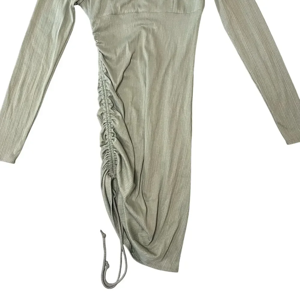 sage green dress forever 21 Ruched Side Tie Mini Long Sleeve Sz Small Minimalist Pink and gold dress